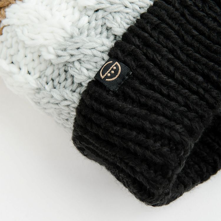 Black, grey, ecru, brown cap with pom pom