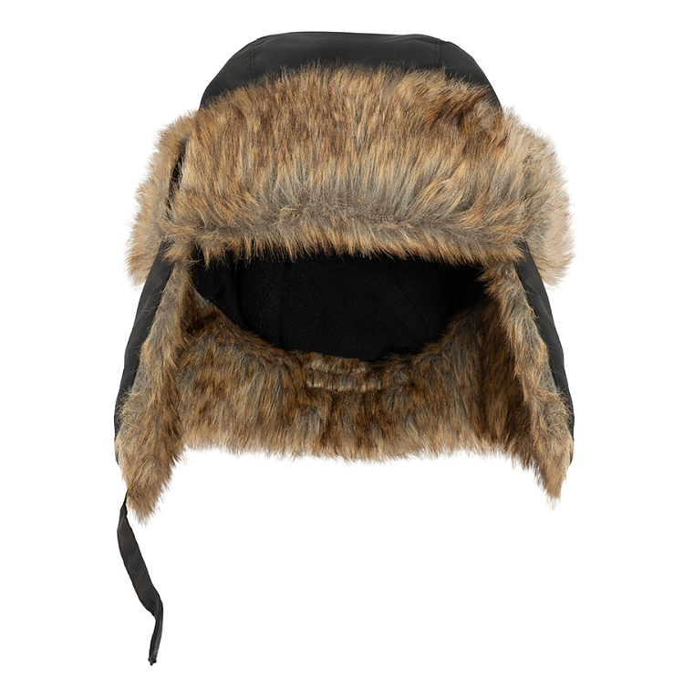 Black winter earflap hat with fur