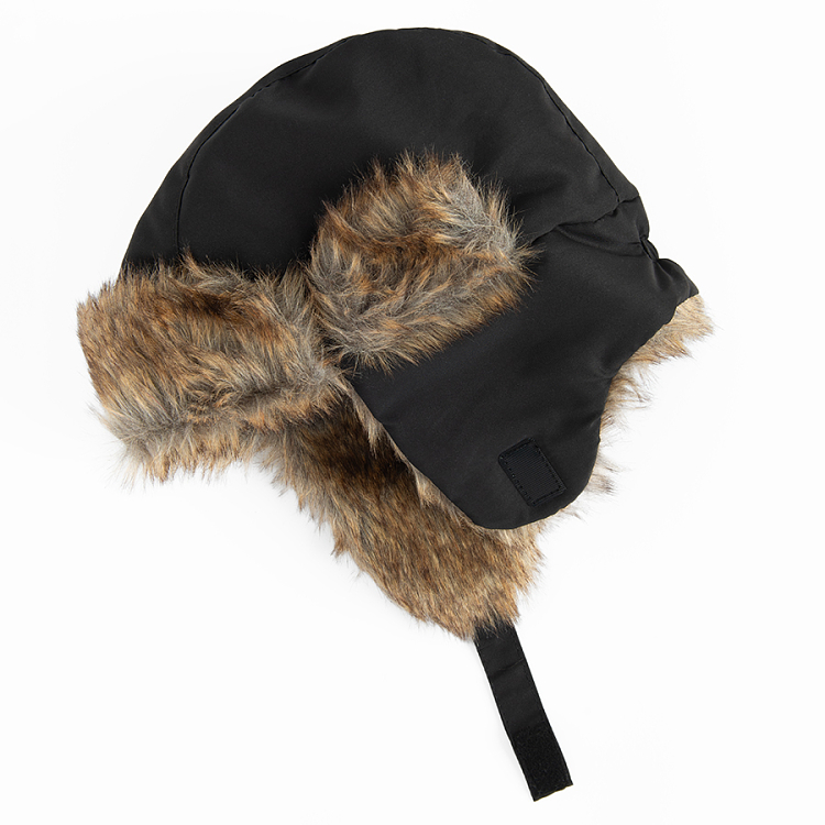 Black winter earflap hat with fur