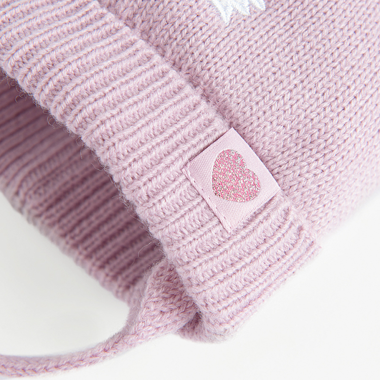 Pink earflap beanie with fox print and pom pom