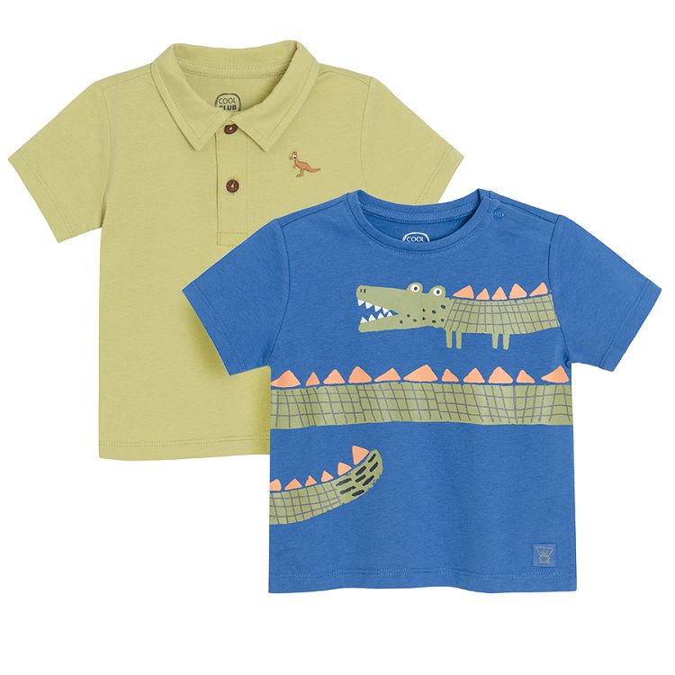 Olive short sleeve polo and blue with crocodile print T-shirts - 2 pack