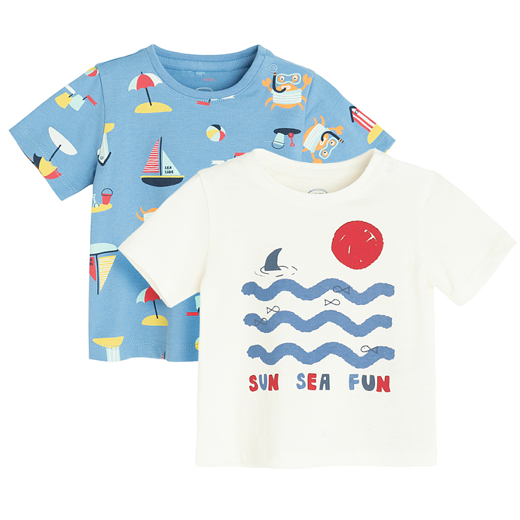 White and blue T-shirts with Sea, Sun, Fun print- 2 pack