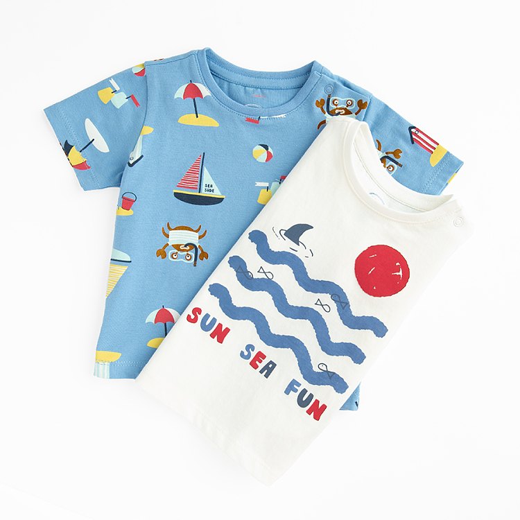 White and blue T-shirts with Sea, Sun, Fun print- 2 pack