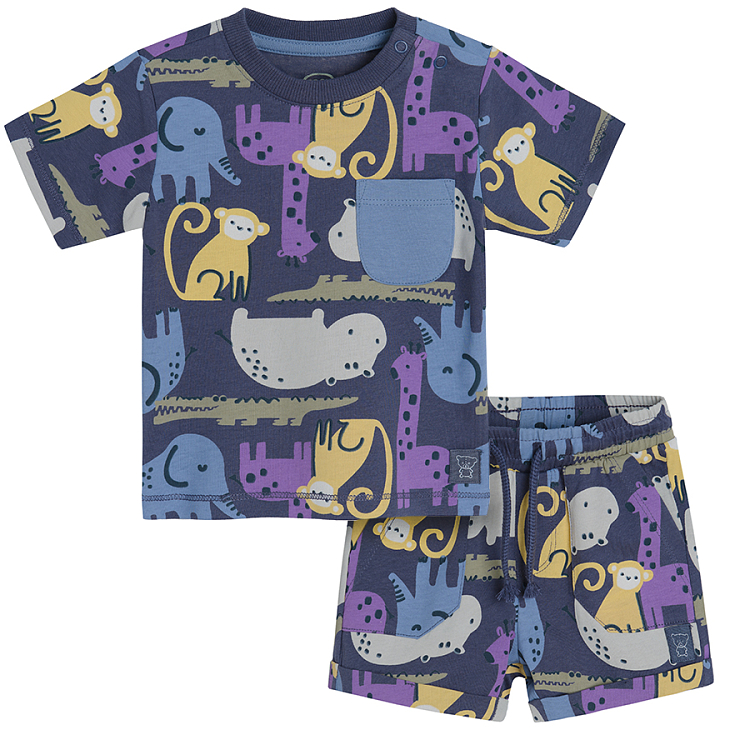 Blue short sleeve T-shirt and shorts with wild animals print set