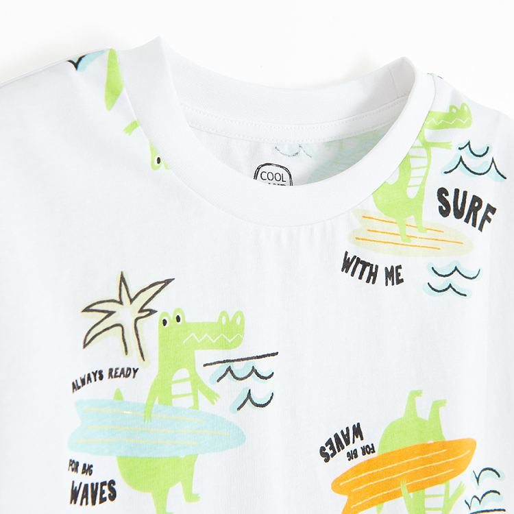 White T-shirt with crocodile surfing print