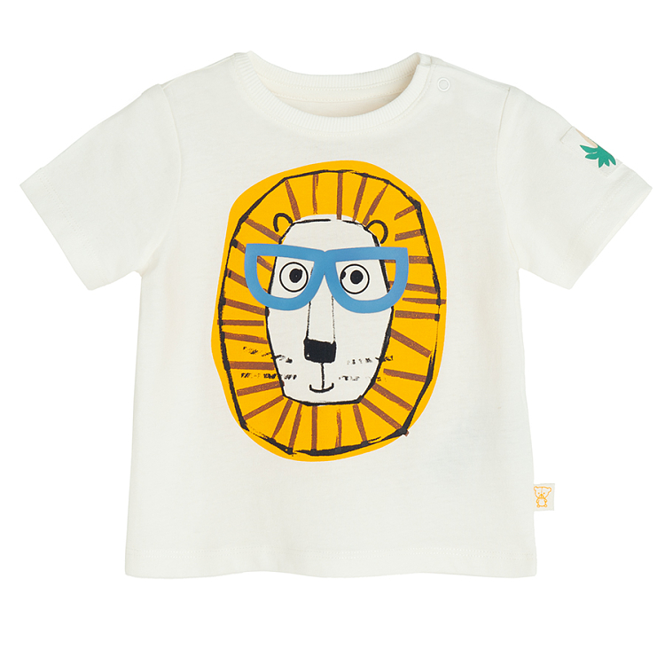 White T-shirt with lion's head with glasses print