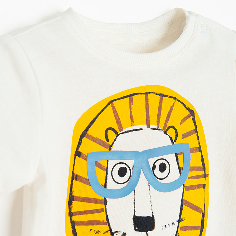 White T-shirt with lion's head with glasses print