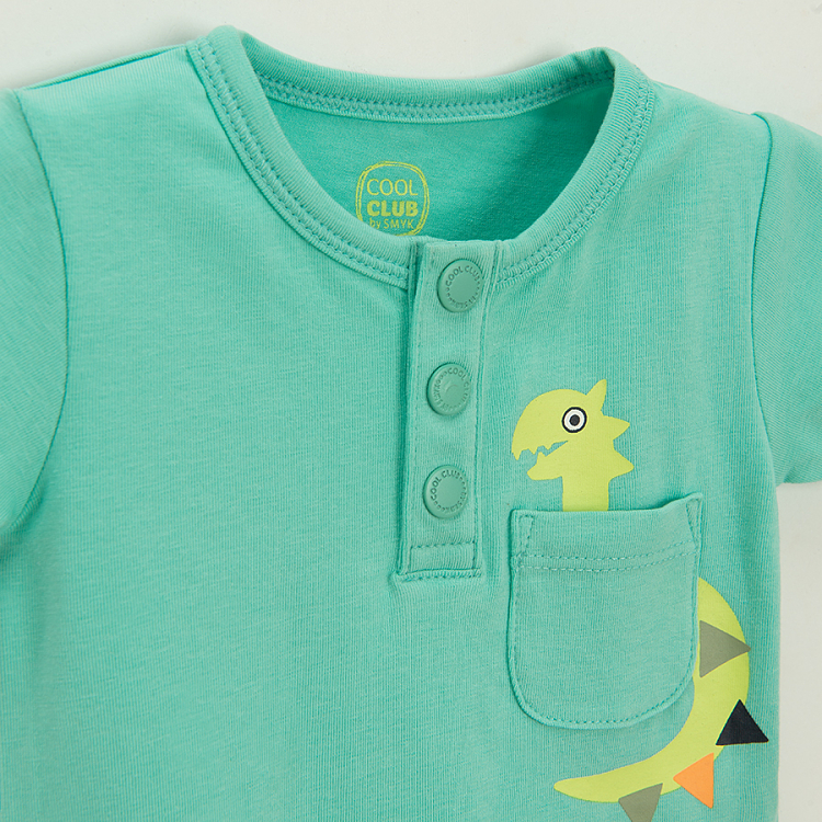 Green short sleeve bodysuit with buttons, chest pocket and dinosaur print