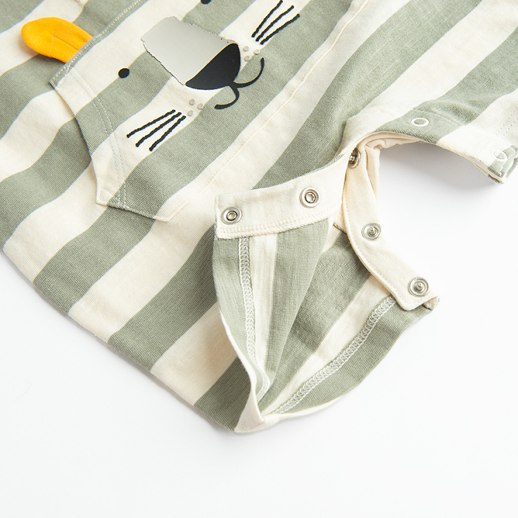 White and olive stripes short sleeve romper with dog print