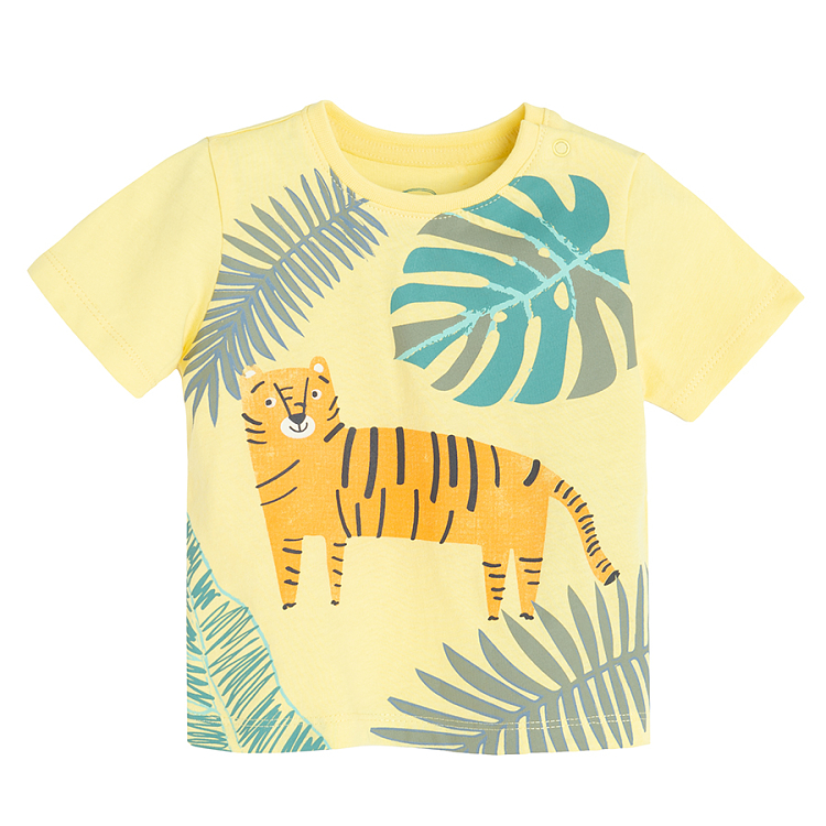 White, yellow, khaki T-shirt with jungle animals print