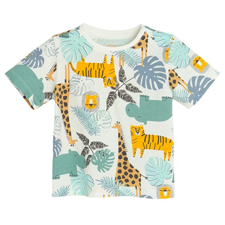 White, yellow, khaki T-shirt with jungle animals print