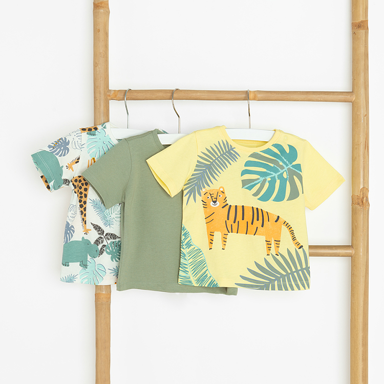 White, yellow, khaki T-shirt with jungle animals print