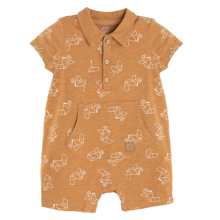 Brown short sleeve romper with parrots print