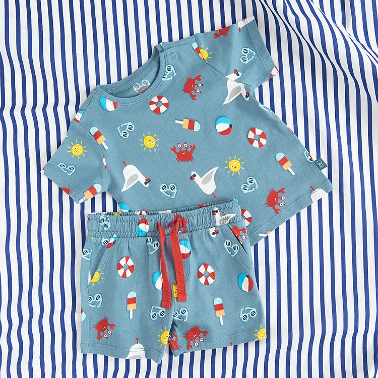 Blue set, T-shirt and shorts with summer toys print- 2 pieces