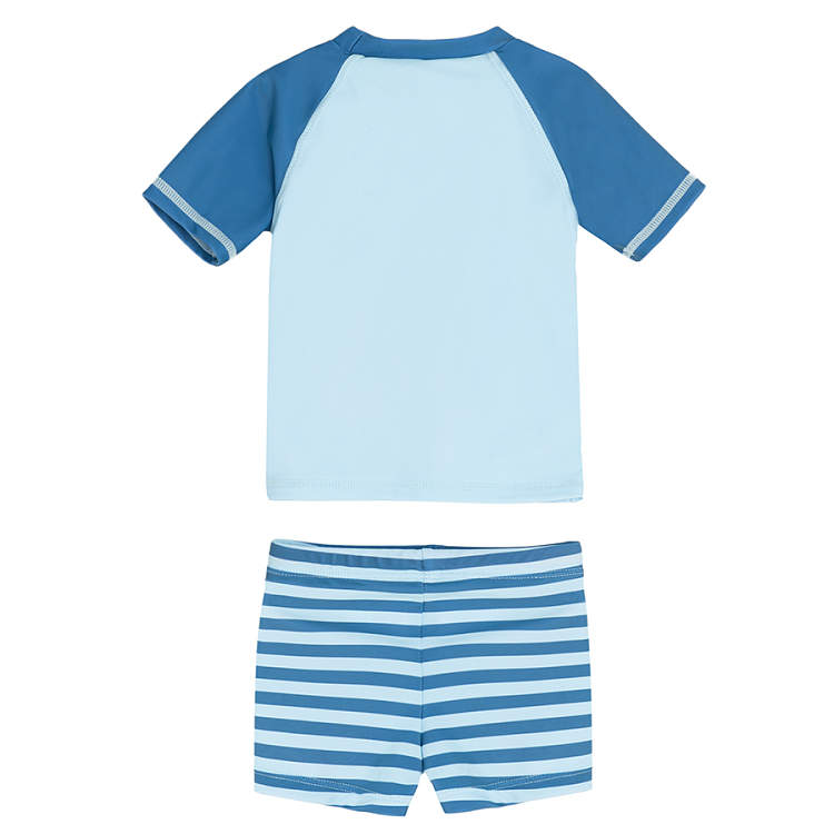 Blue bathing suit set with crab print- short sleeve blouse and trunks- 2 pieces