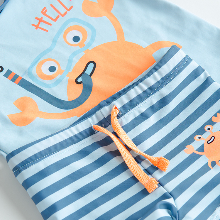 Blue bathing suit set with crab print- short sleeve blouse and trunks- 2 pieces