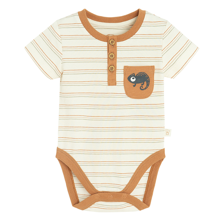 White and brown set- short sleeve bodysuit with buttons and shorts- 2 pieces