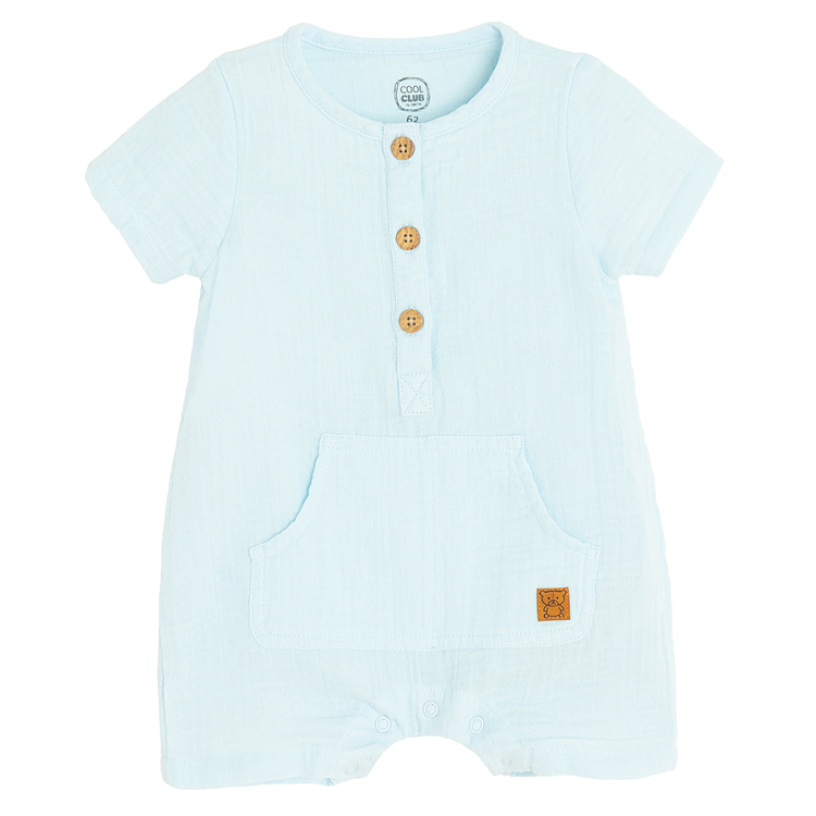 Light blue short sleeve romper with buttons and side pockets