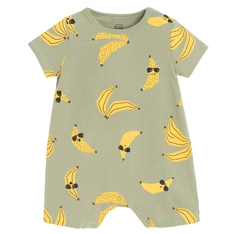 White romper with jungle animals print and khaki romper with bananas print- 2 pack