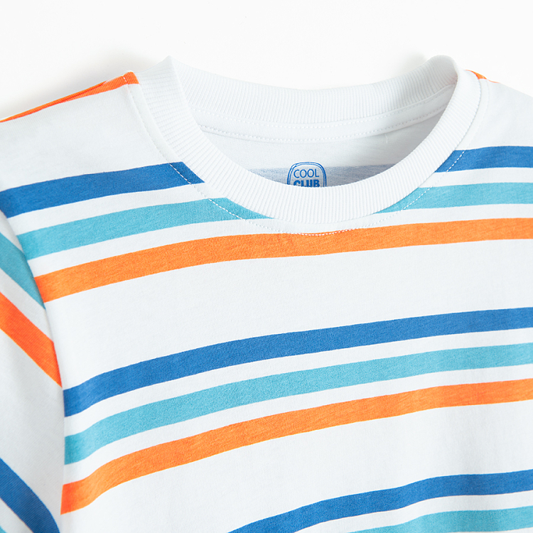 White, blue, light brown stripes T-shirt