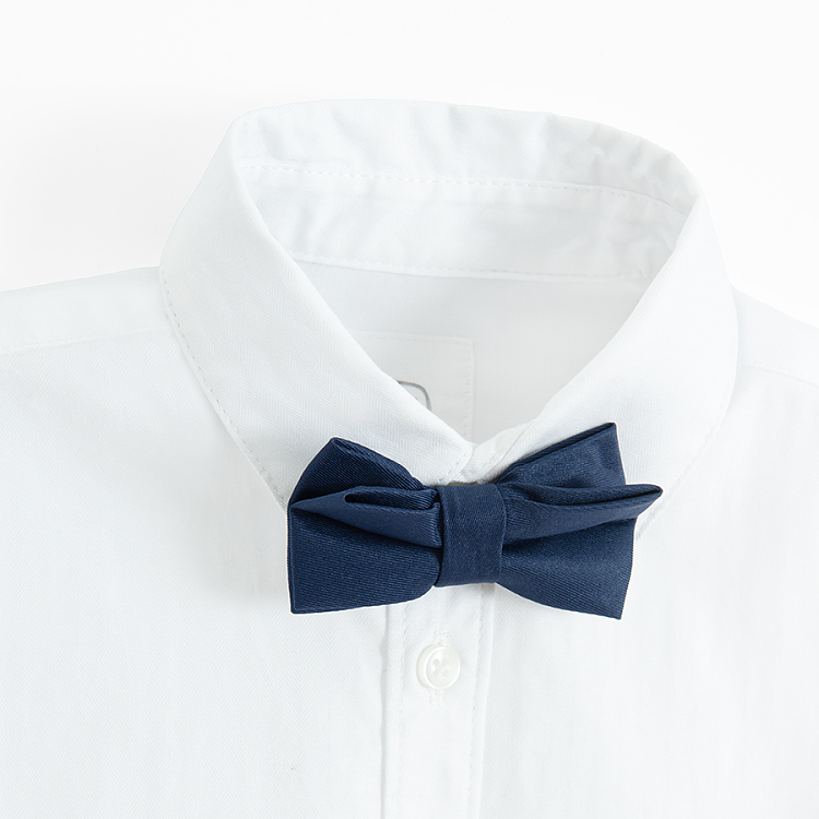 White short sleeve button down shirt with blue bow tie and blue trousers with suspenders- 3 pieces