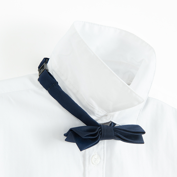 White short sleeve button down shirt with blue bow tie and blue trousers with suspenders- 3 pieces