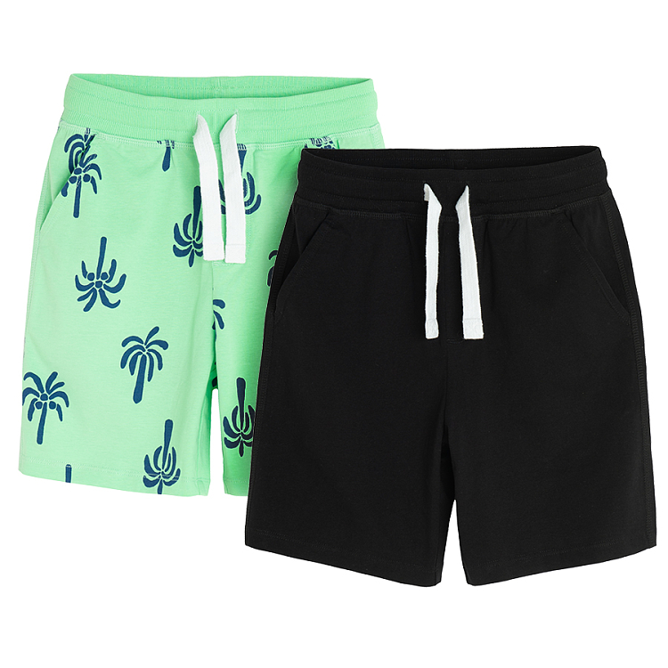 Black and green with palm tress print shorts with cord- 2 pack