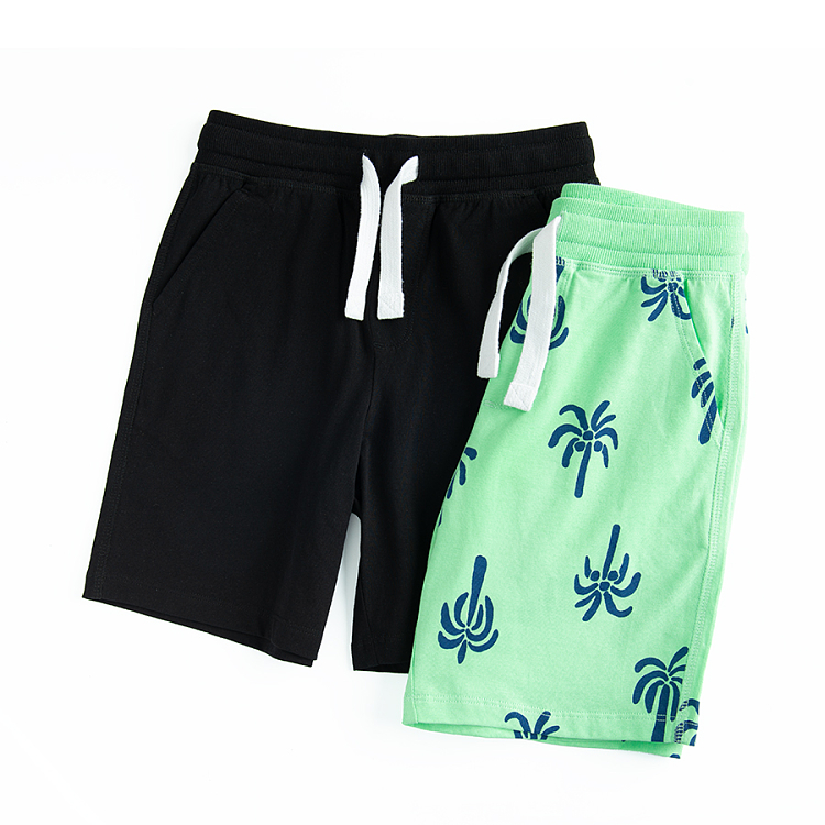 Black and green with palm tress print shorts with cord- 2 pack