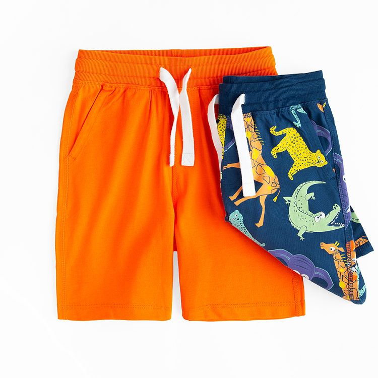 Orange and blue with wild animals print shorts- 2 pack