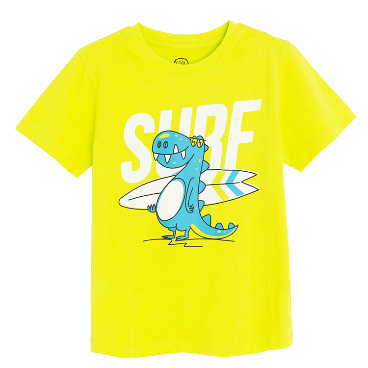 Yellow T-shirt with dinosaur surf print