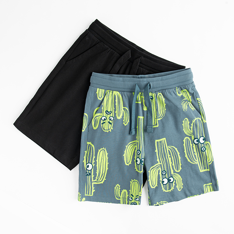 Black and blue grey long shorts with cactus print-2 pack