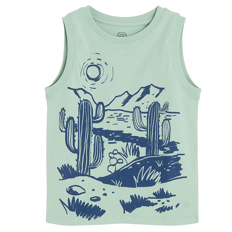 Green sleeveless T-shirt with cactus print