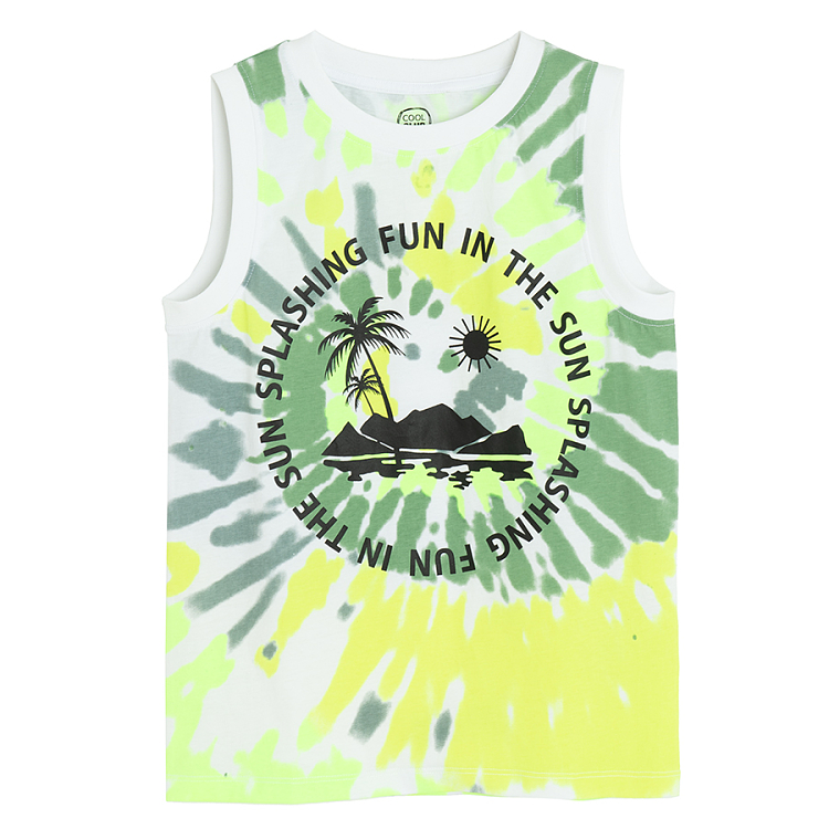 Green tie dye sleeveless T-shirt with SPLASHING FUN IN THE SUN print