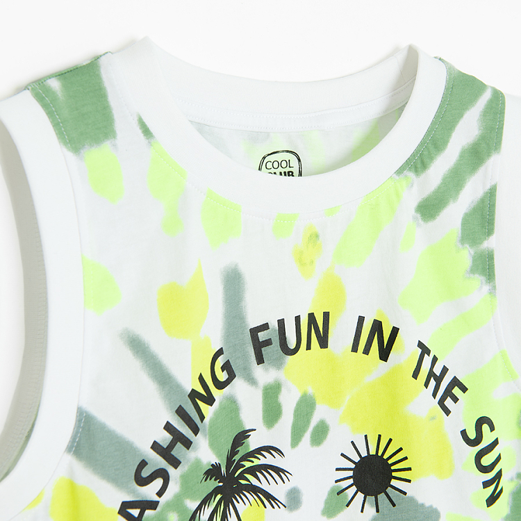 Green tie dye sleeveless T-shirt with SPLASHING FUN IN THE SUN print