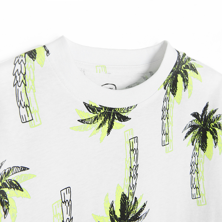 White T-shirt with palm trees and black shorts