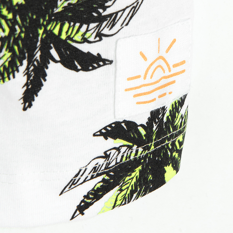 White T-shirt with palm trees and black shorts