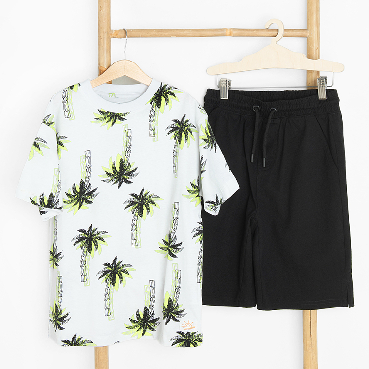 White T-shirt with palm trees and black shorts