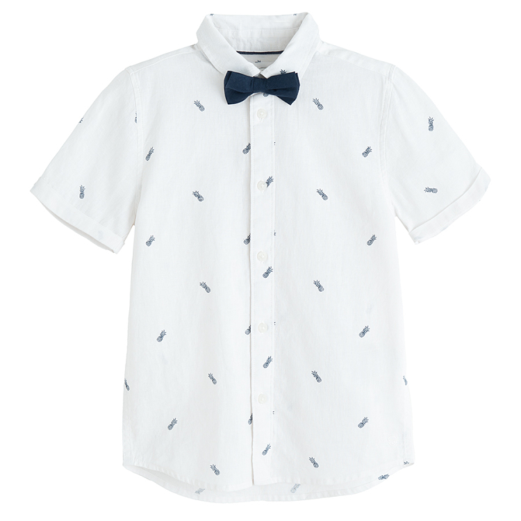 White short sleeve button down shirt with small palm trees print and bow tie- 2 pieces