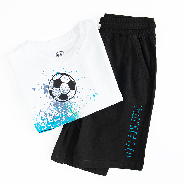 White T-shirt with football print andblack shorts set- 2 pieces