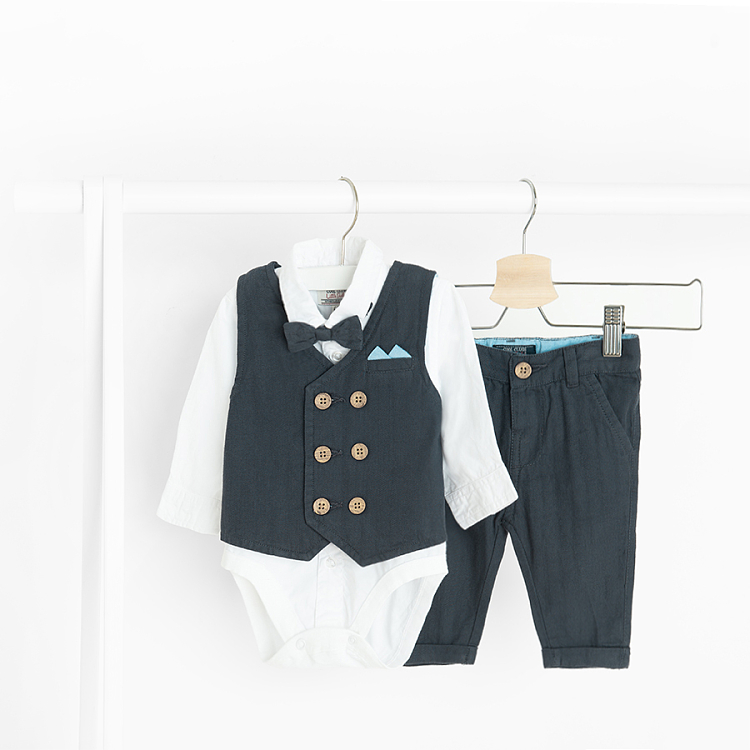 White long sleeve button down bodysuit with bow tie and blue pants and vest set- 3 pieces