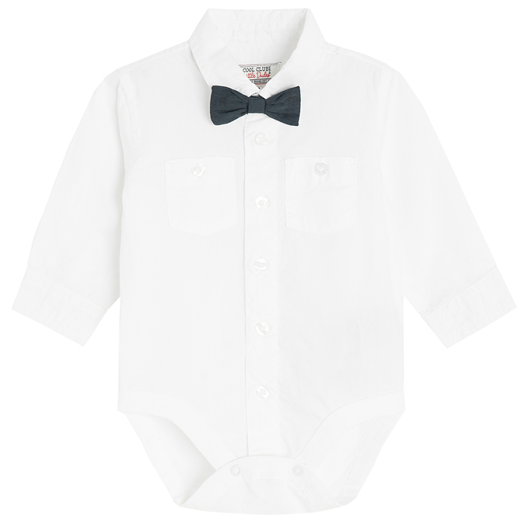 White long sleeve button down bodysuit with bow tie and blue pants and vest set- 3 pieces