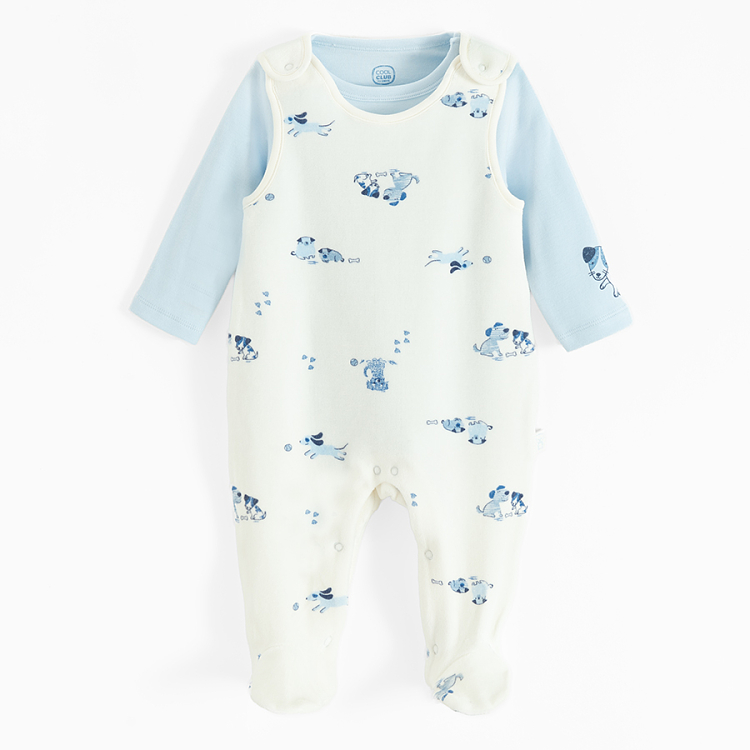 Blue long sleeve bodysuit and sleeveless footed overall- 2 pack