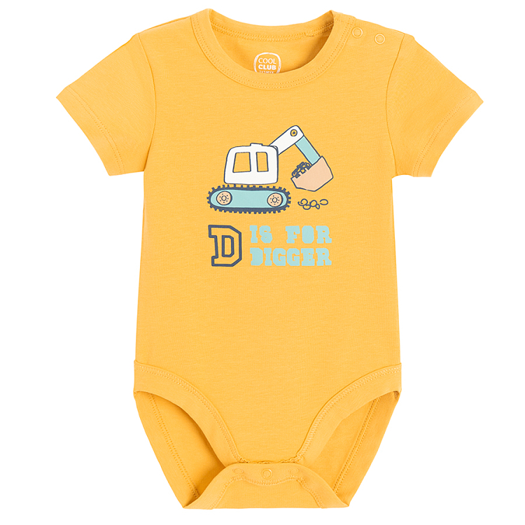 Yellow short sleeve bodysuit with truck and D for bigger print