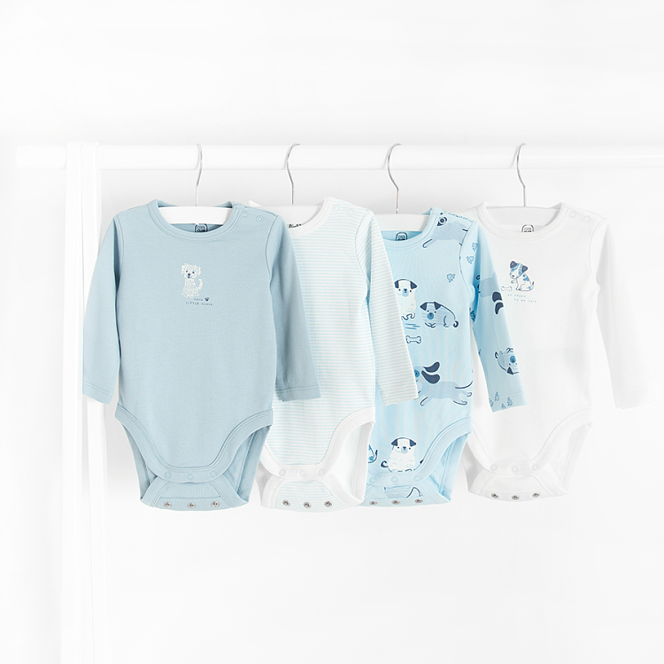 White and blue long sleeve bodysuits with dogs print- 4 pack