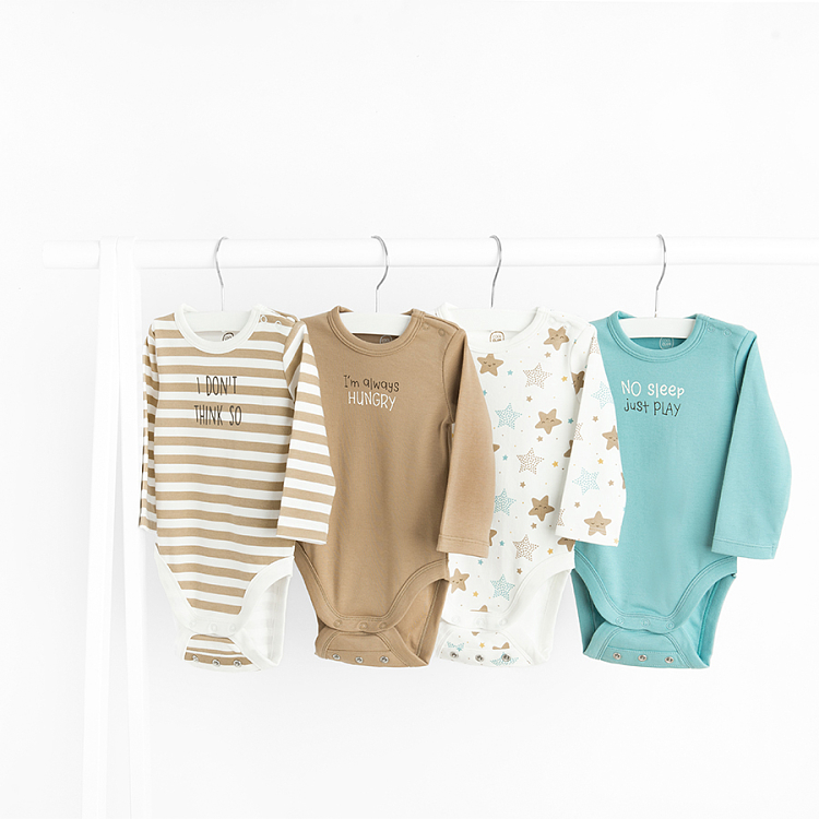 White, brown, blue long sleeve bodysuits- 4 pack