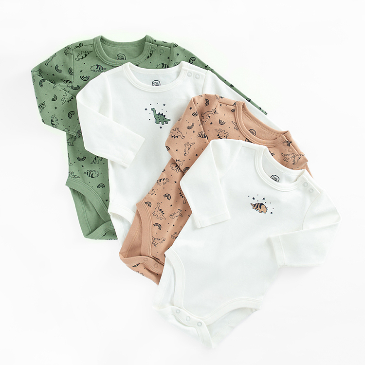 White, brown, green long sleeve bodysuits with dinosaurs print- 4 pack