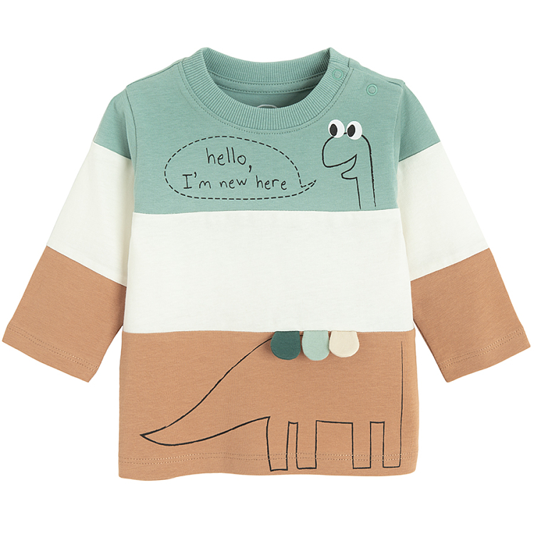 3 color blouse with dinosaur and Hello, I am here print bubble