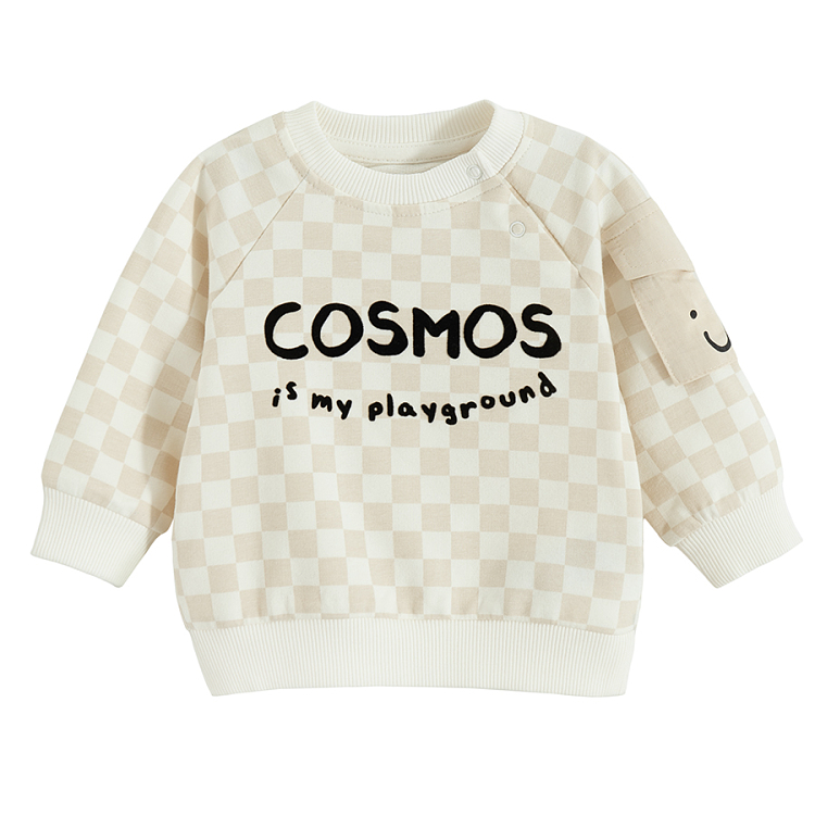 Ecru cheked sweatshirt with COSMOS is my playground print