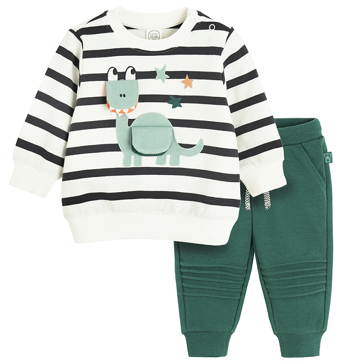 Black and white striped sweatshirt with baby dinosaur print and jogging pants set- 2 pieces