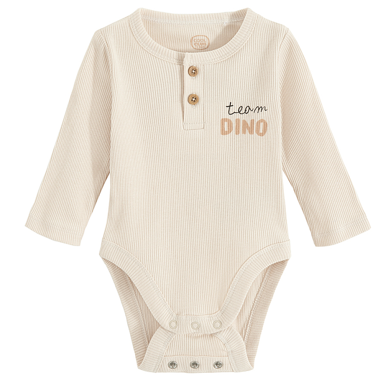 Beige long sleeve bodysuit with buttons and Team Dino print